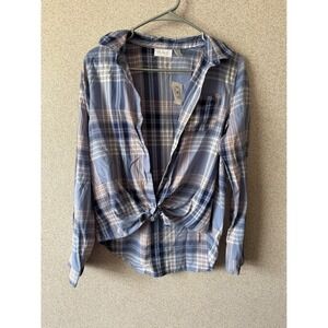 The Childrens Place Girls Plaid Tie Front Button Down Shirt Cloudy Blue Size 18